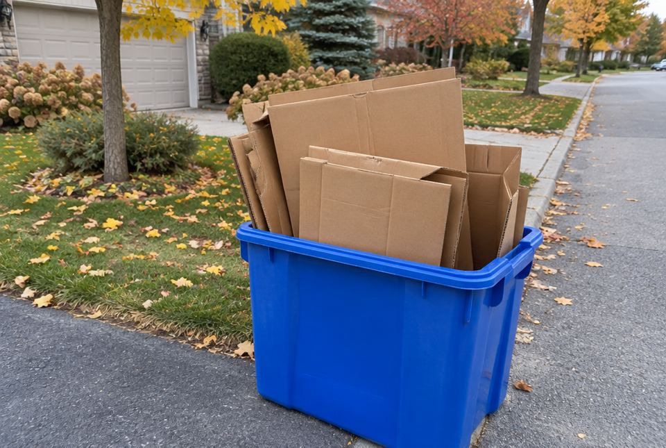 A blue recycling bin full of flattened cardboard boxes at the curb on an autumn street.
