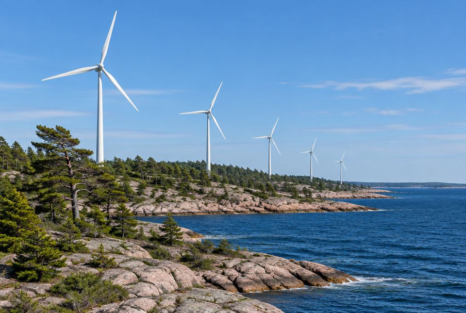 A row of white wind turbines along a rocky, pine-covered shoreline on Georgian Bay.