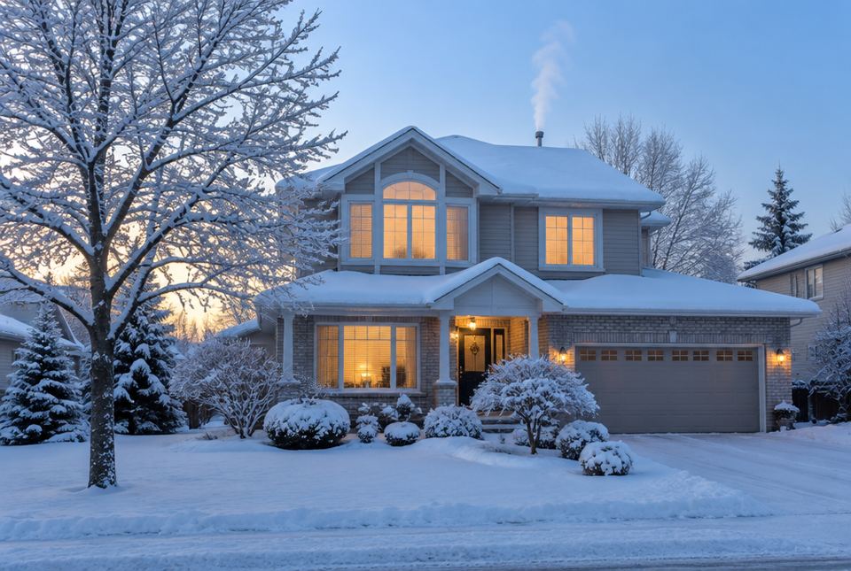 A snow-covered house on a winter morning with warm lights glowing in the windows and steam rising from a roof vent.