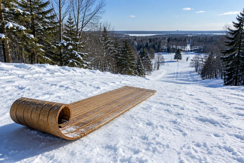 A wooden toboggan with a curled front resting at the top of a long snowy hill.