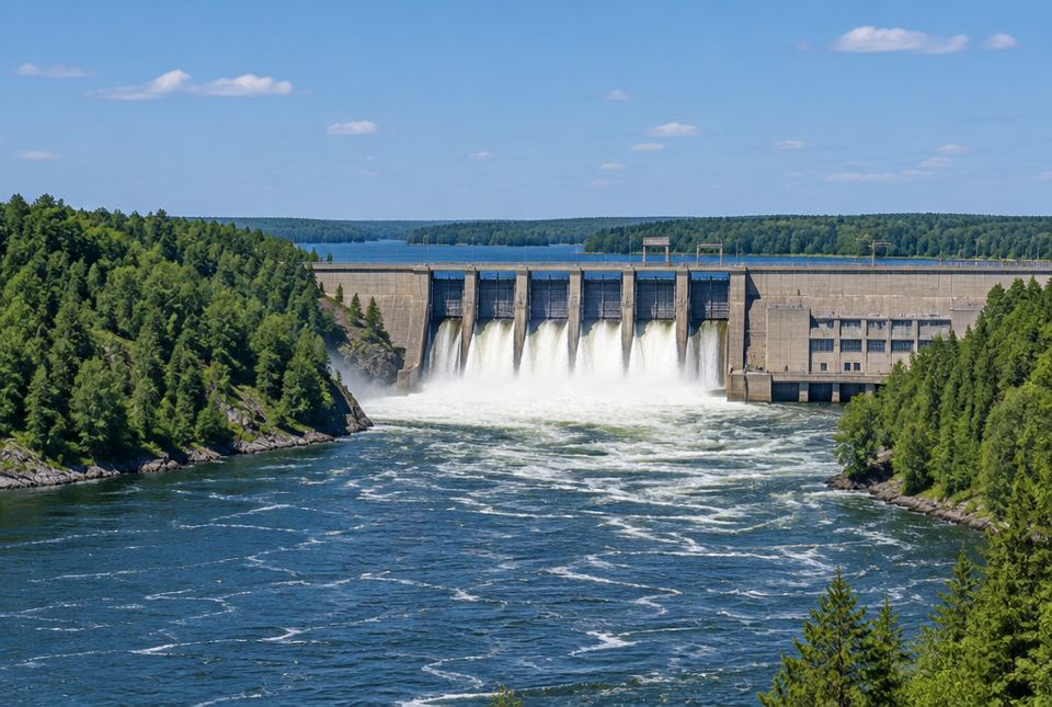 A concrete hydroelectric dam with white water rushing out below it, between forested riverbanks.