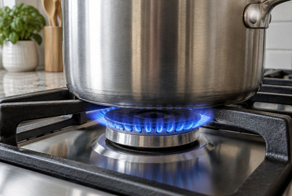 Blue gas flames on a kitchen stove burner heating a steel pot.