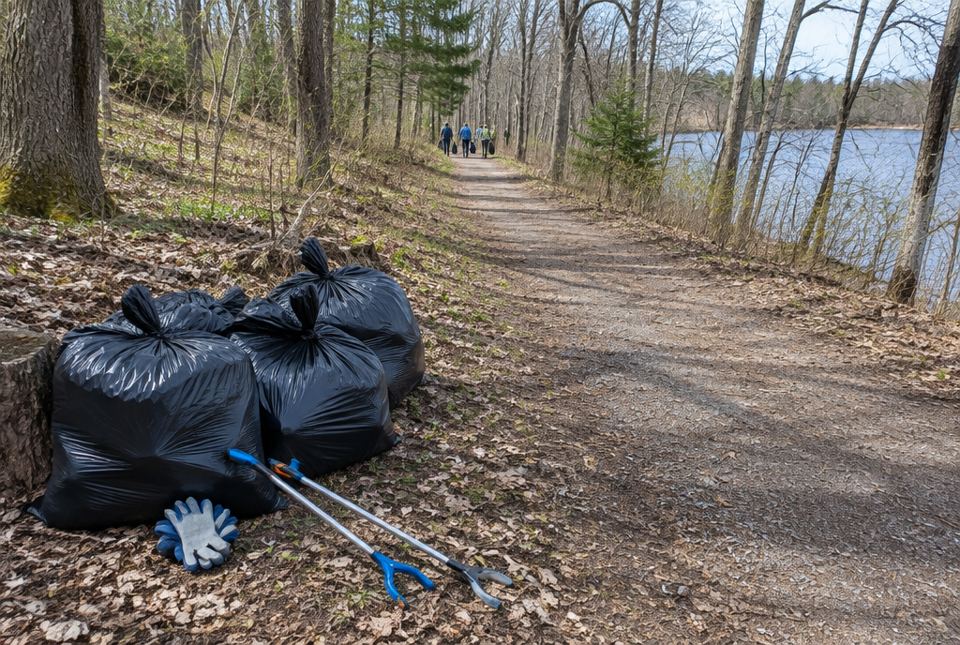 Full garbage bags, litter grabbers and work gloves sit beside a wooded trail, with volunteers far down the path.