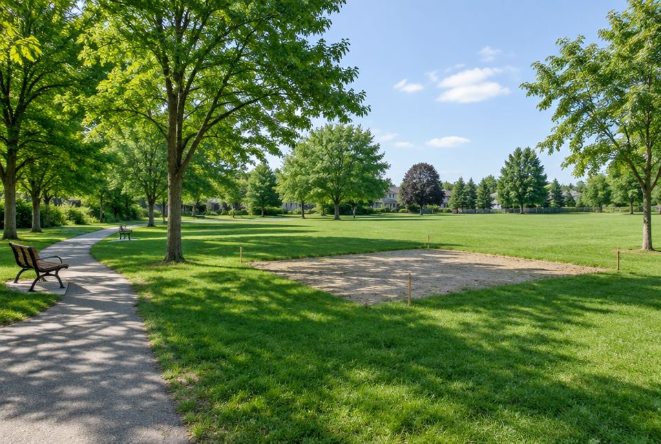 A green town park with shade trees, a bench, a curving path and a bare patch of ground marked out with stakes.