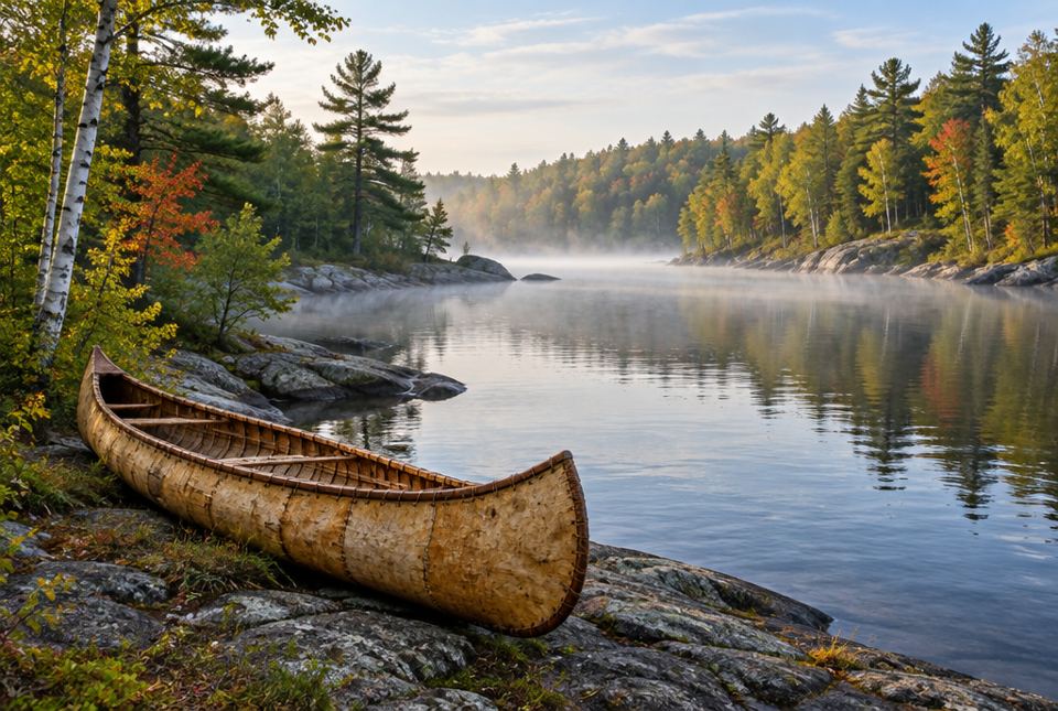 A birchbark canoe rests on a rocky shore beside a wide, misty river lined with pine, birch and maple trees.