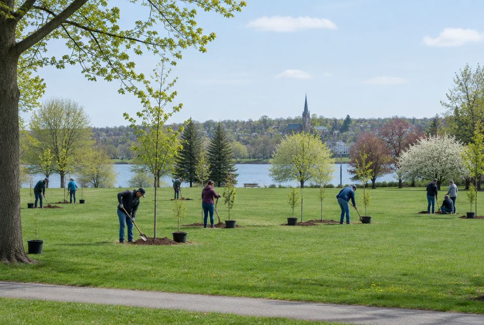 Volunteers seen from a distance plant young trees in a grassy park beside a lake in spring.