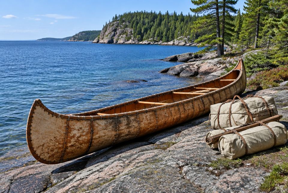 A long birchbark canoe and canvas-wrapped packs on the rocky shore of a large, clear lake surrounded by pine forest.