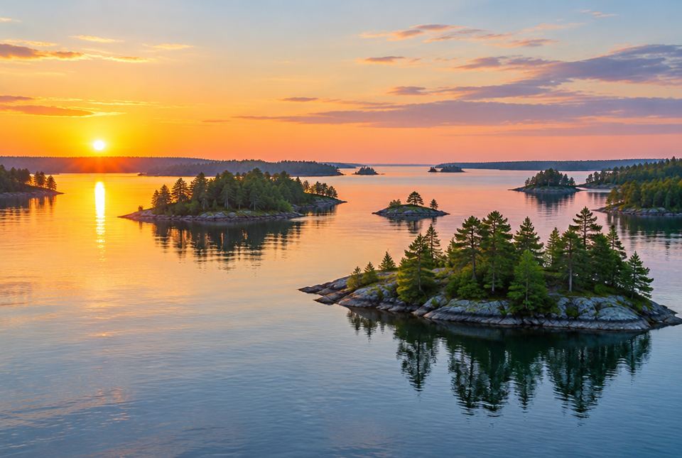 Small rocky islands covered in pine trees in a wide, calm river at sunrise.