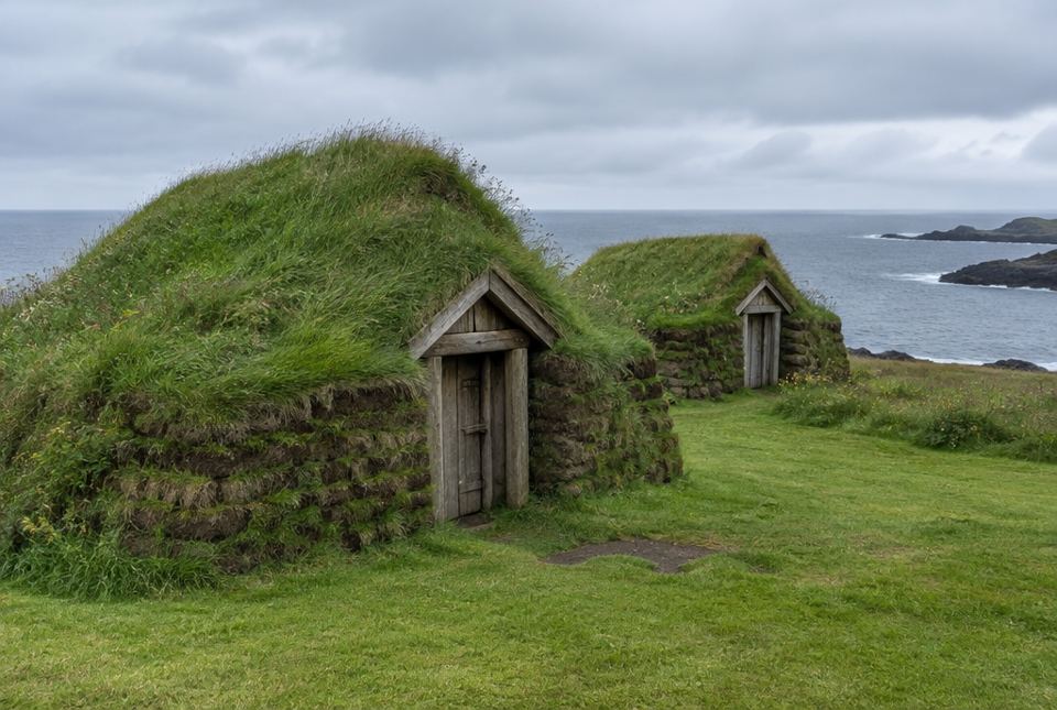 Grass-covered sod houses with wooden doors stand on a grassy shore beside the grey sea.