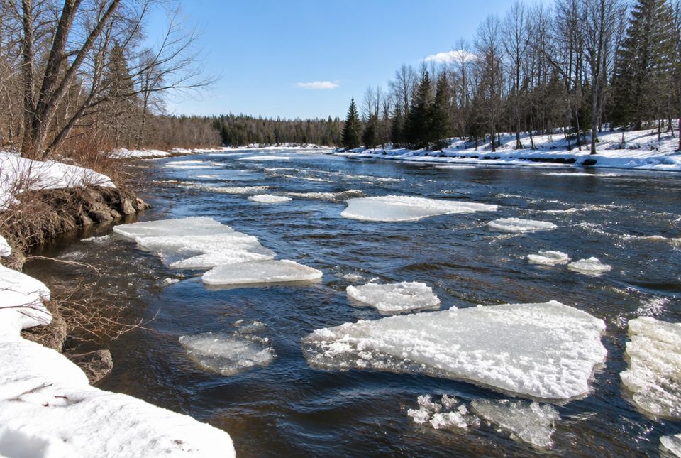 Plates of ice float and break apart in a dark river in early spring, with snow on the banks.