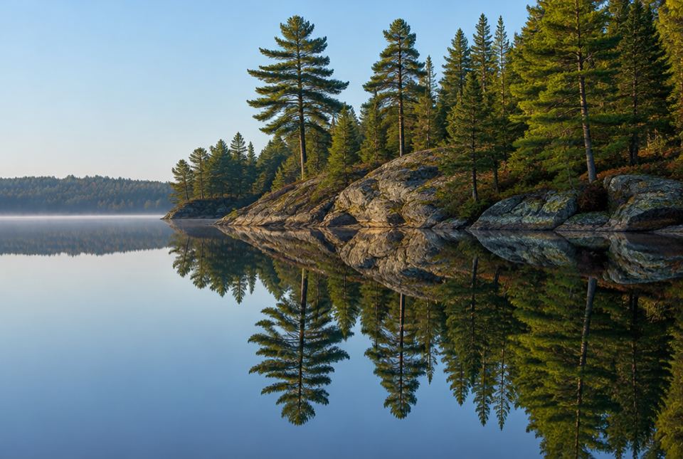 Pine trees on a rocky shore are reflected upside down in a perfectly still lake.