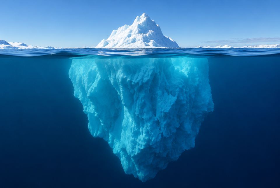 A white iceberg floats in deep blue water, with a small peak above the surface and a huge mass of ice below.