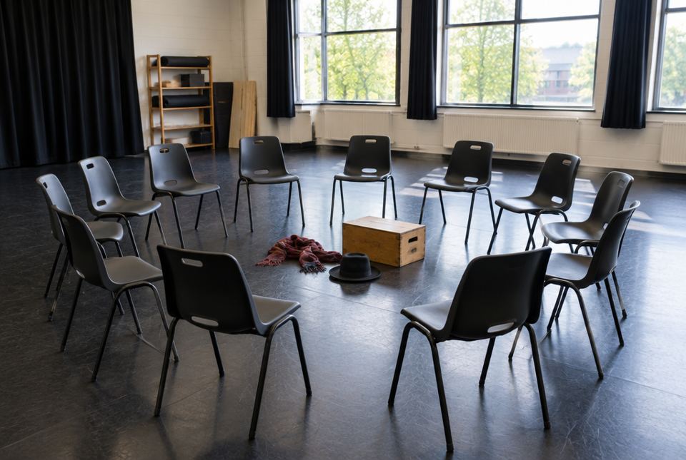 A circle of black chairs in an empty drama studio, with a hat, a scarf and a wooden box in the middle.