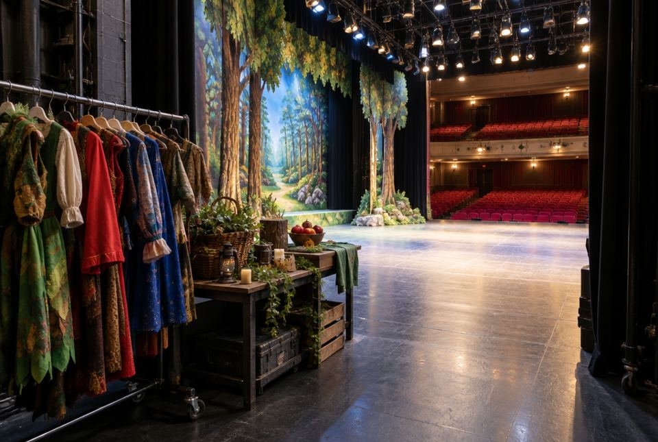 A view from backstage of a theatre, with a rack of colourful costumes and a props table beside a lit stage with a painted forest set.