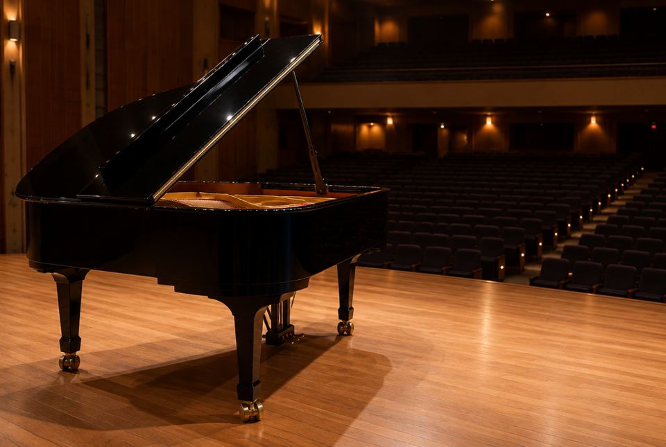 A black grand piano with its lid open on the stage of an empty concert hall.