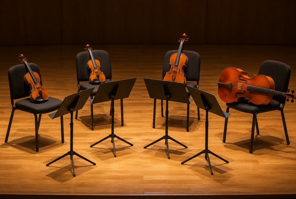 Two violins, a viola and a cello rest on four chairs with music stands on an empty stage.
