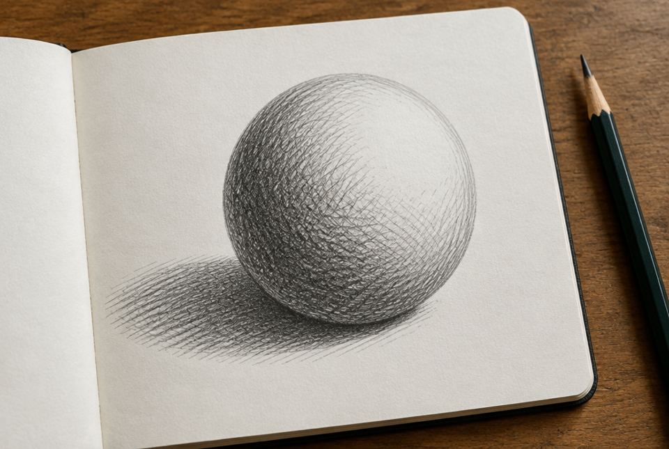 A pencil drawing of a ball in a sketchbook, shaded with crossing lines and with a hatched shadow beside it.
