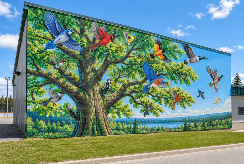 A large painted mural of a tree full of colourful birds covers the side wall of a community building.