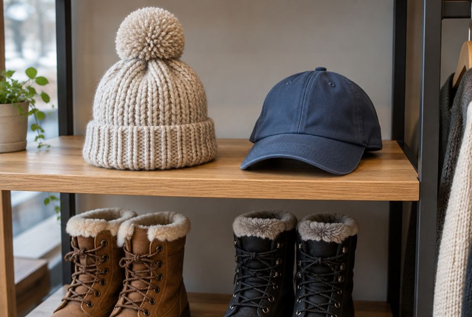A thick knitted tuque with a pompom next to a thin baseball cap on a store shelf, with winter boots below.