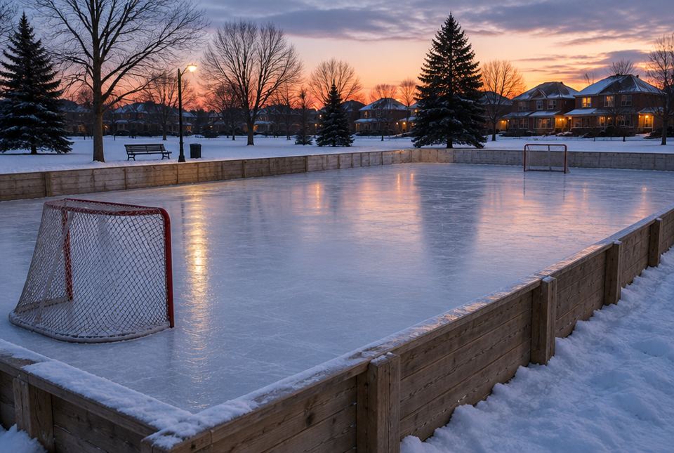 An outdoor skating rink with wooden boards and two hockey nets in a park at dusk, next to houses with lit windows.