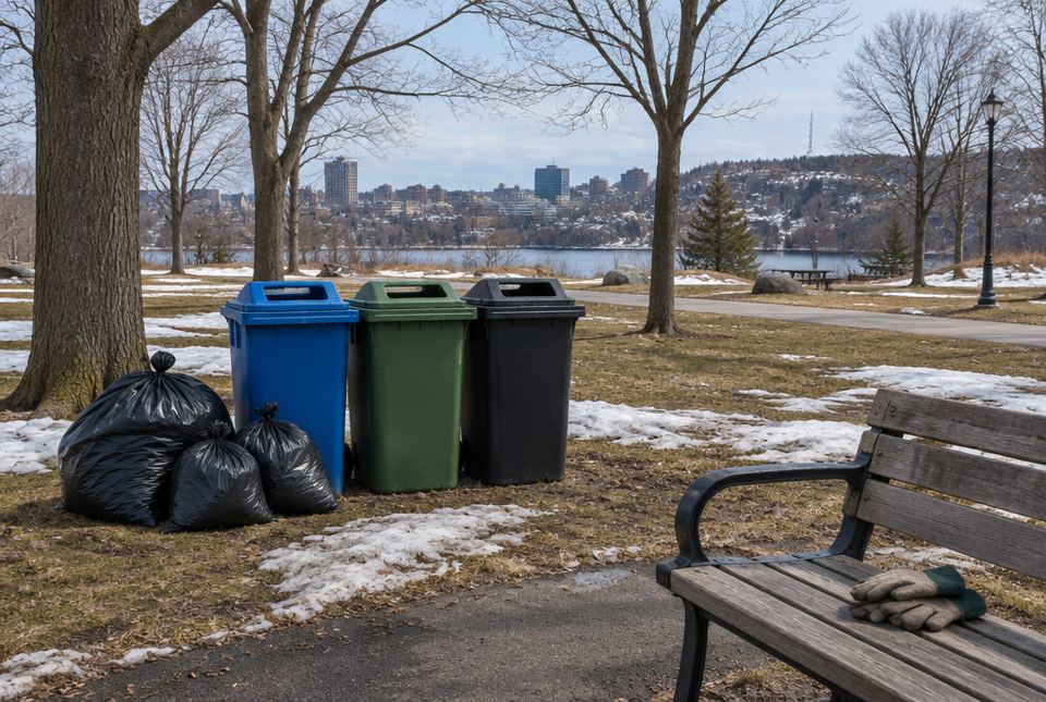 A park in early spring with melting snow, bare trees, blue, green and black sorting bins and full garbage bags.