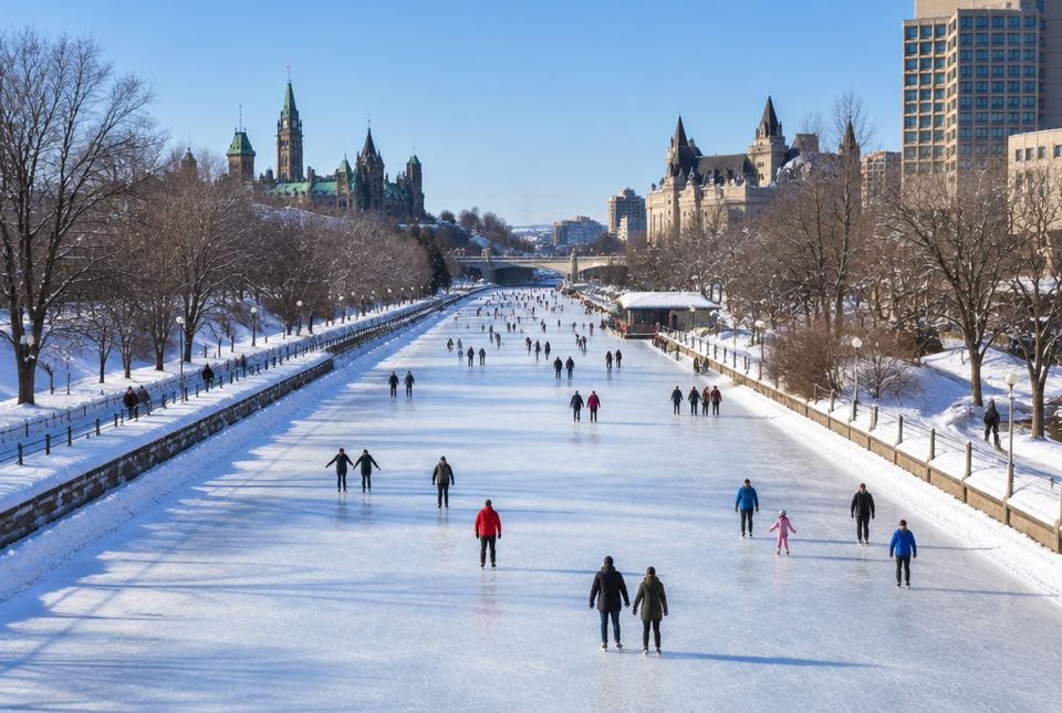 The frozen Rideau Canal in Ottawa on a sunny winter day, with many skaters on a long path of ice between snowy banks.