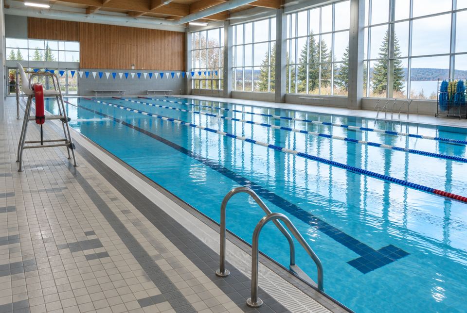 An empty indoor swimming pool with lane ropes, a lifeguard chair and large windows.