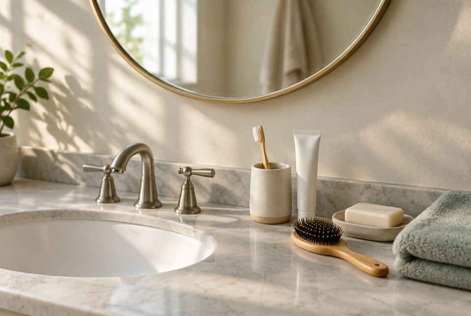 A bathroom counter with a toothbrush in a cup, toothpaste, a hairbrush, soap and a folded towel below a round mirror.