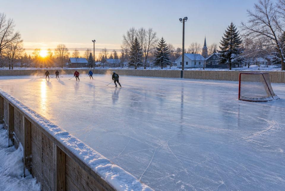 An outdoor hockey rink in a snowy town at sunrise, with a few young players skating in the distance near a red net.