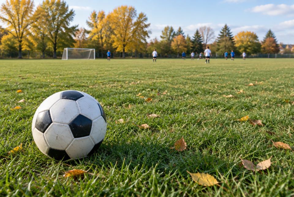 A soccer ball on the grass of a school field in autumn, with players passing far away near a goal.