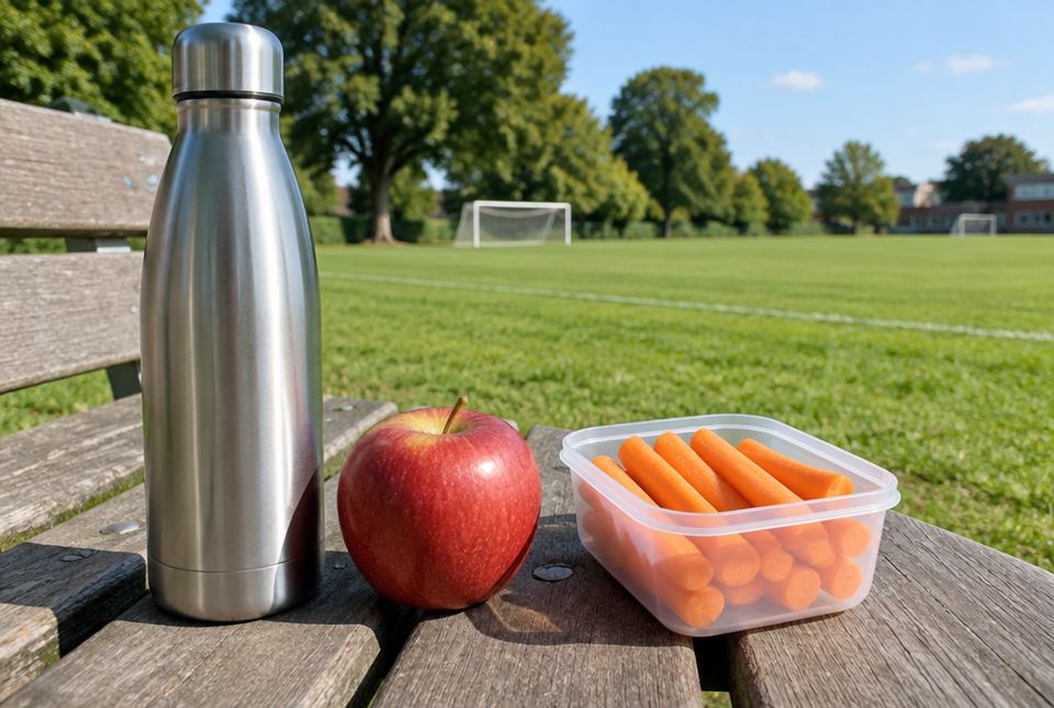 A metal water bottle, a red apple and a container of carrot sticks on a wooden bench beside a sports field.