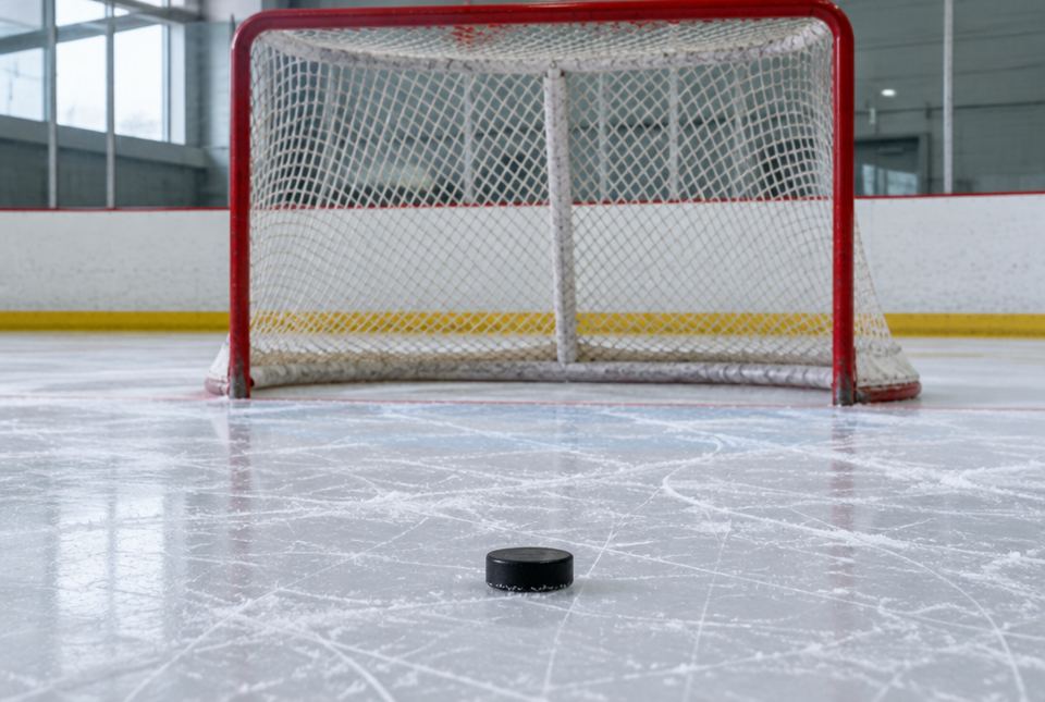 A black hockey puck on the ice in front of a red goal net at an indoor rink.