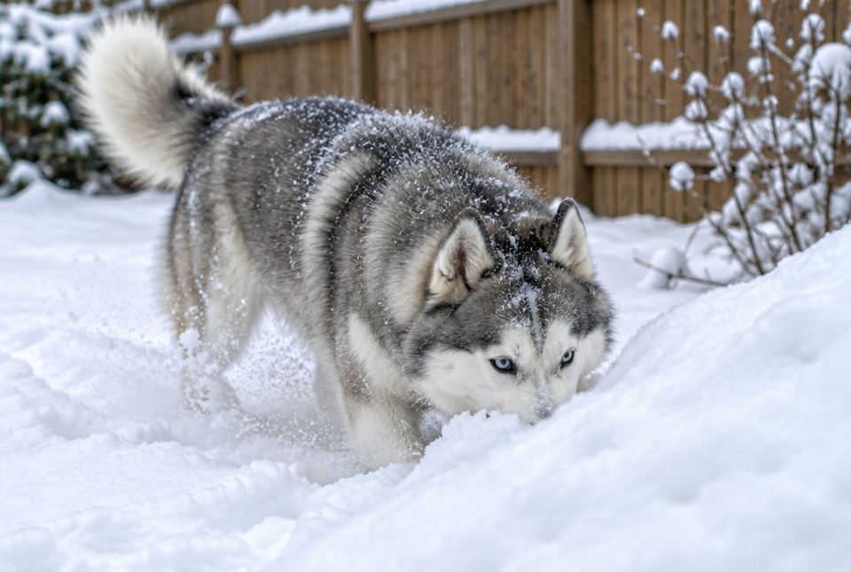 A grey and white husky with snow on its fur pushing its nose into a snowbank in a fenced backyard.