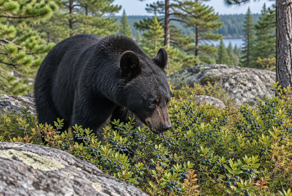 A black bear eating ripe blueberries from wild bushes in a rocky forest clearing.