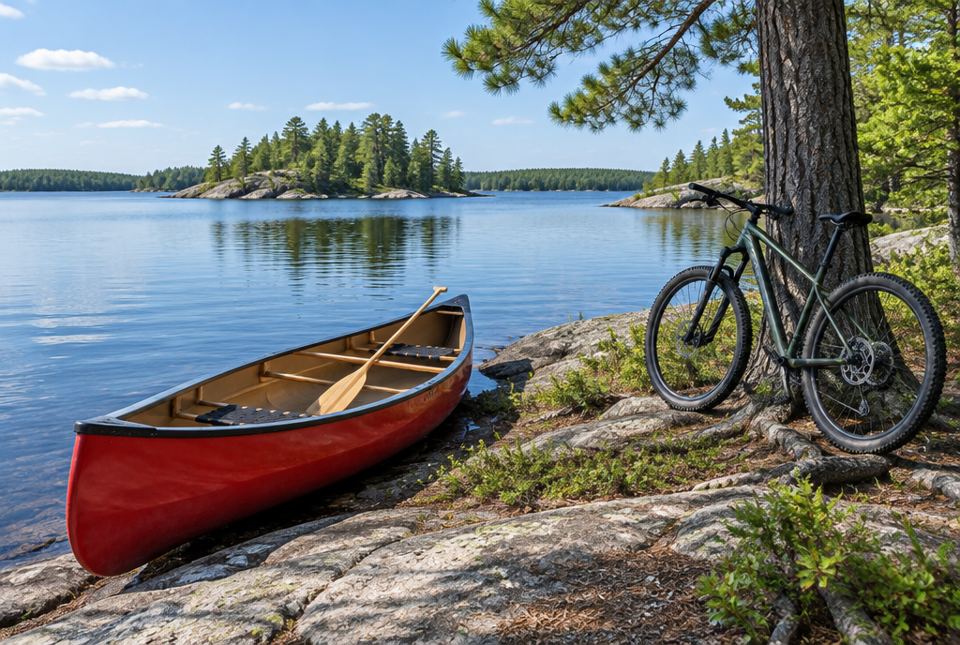 A red canoe with a paddle on a rocky lakeshore and a bicycle leaning against a pine tree.