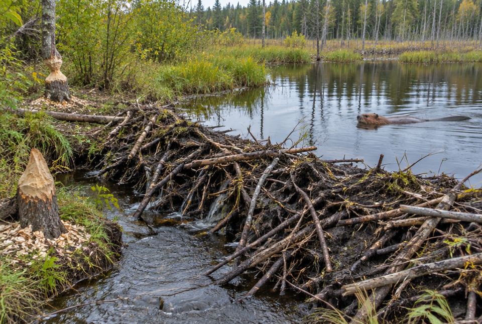 A beaver dam of piled sticks and mud across a stream, with a beaver swimming in the pond and gnawed stumps on the bank.