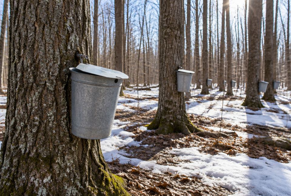 Tall maple trees in early spring with metal sap buckets hanging from their trunks and patches of snow on the ground.