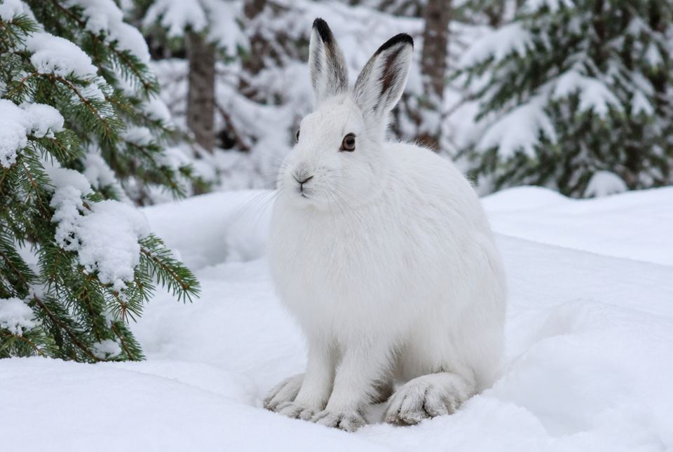 A snowshoe hare with white winter fur, black-tipped ears and big furry hind feet, sitting in snow beside a spruce tree.