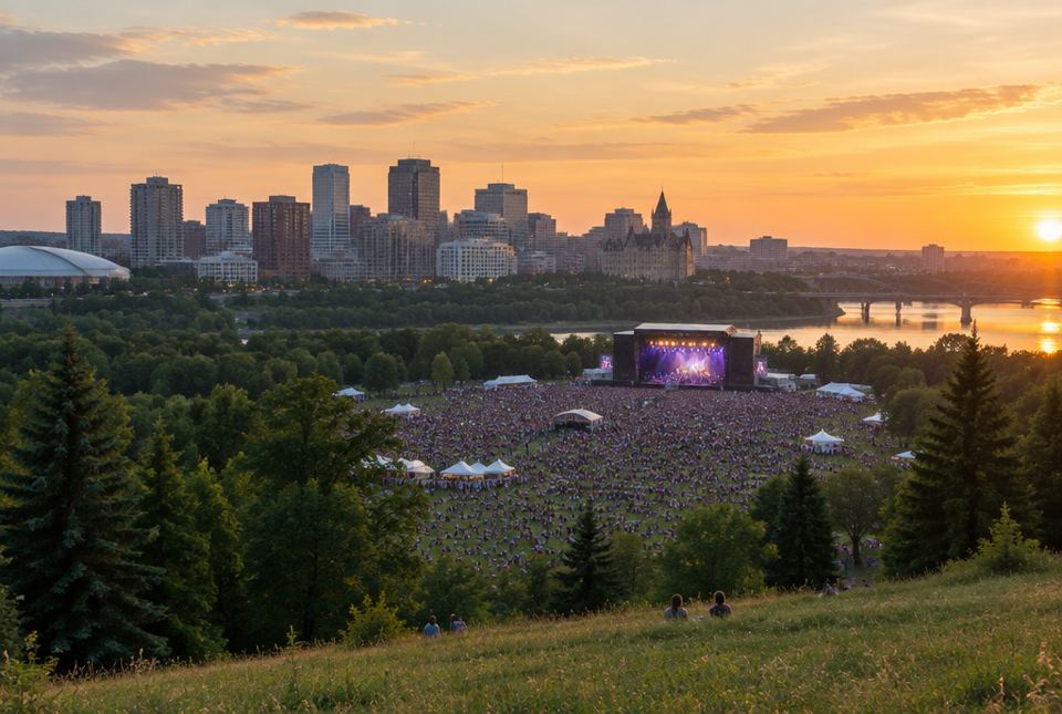 A huge crowd fills a park in front of an outdoor stage at sunset, with city buildings behind.