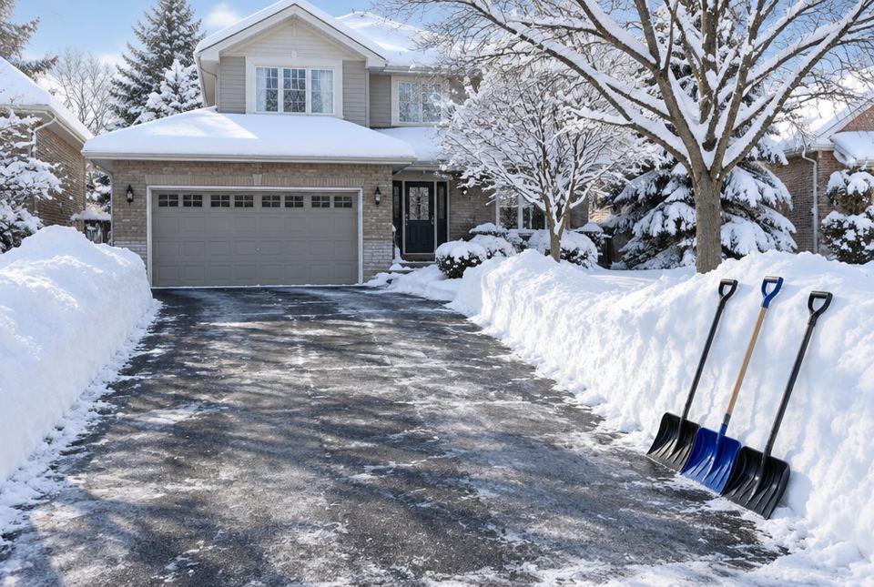 A cleared driveway in front of a snowy house, with three snow shovels leaning on a snowbank.