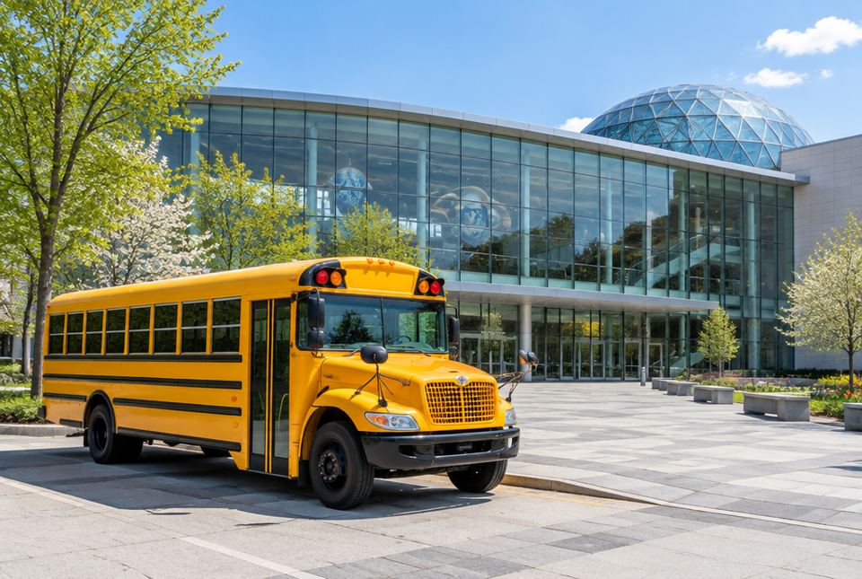 A yellow school bus parked outside a large glass science centre on a sunny day.