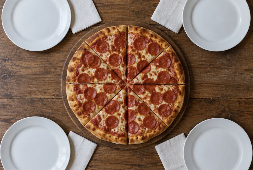 A pepperoni pizza cut into eight slices on a wooden table, with four empty plates around it.