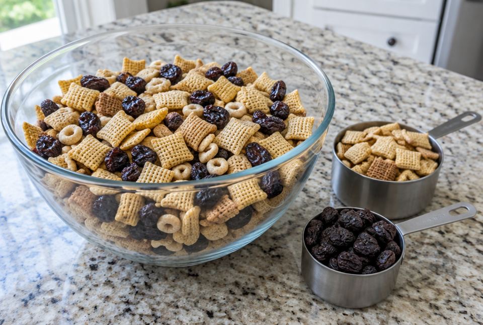 A glass bowl of trail mix made of cereal and raisins, with one measuring cup of cereal and one of raisins beside it.