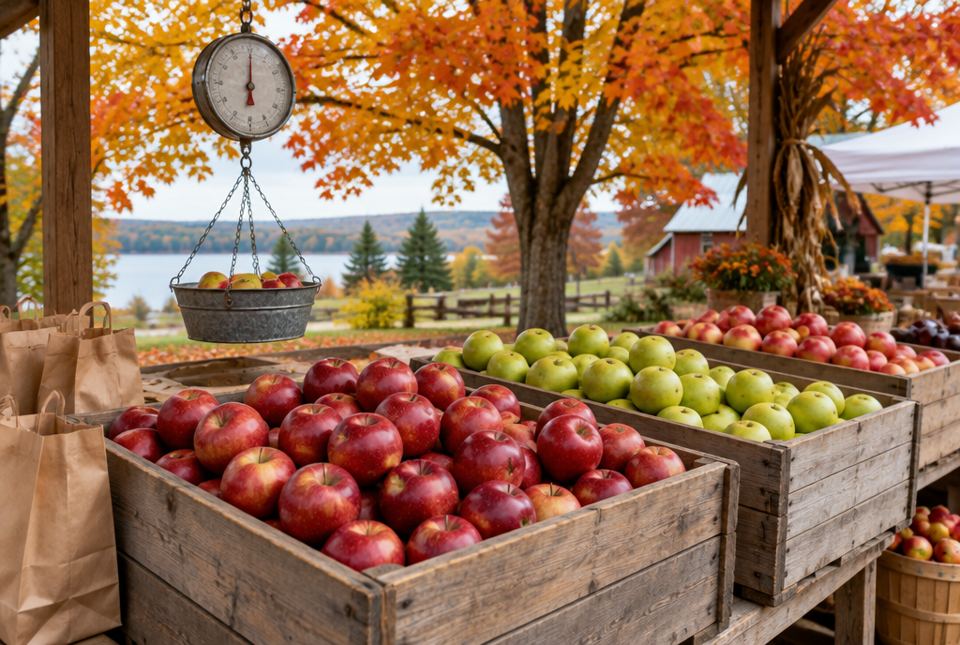 Wooden crates of red and green apples at an outdoor fall market, with a hanging scale and paper bags.