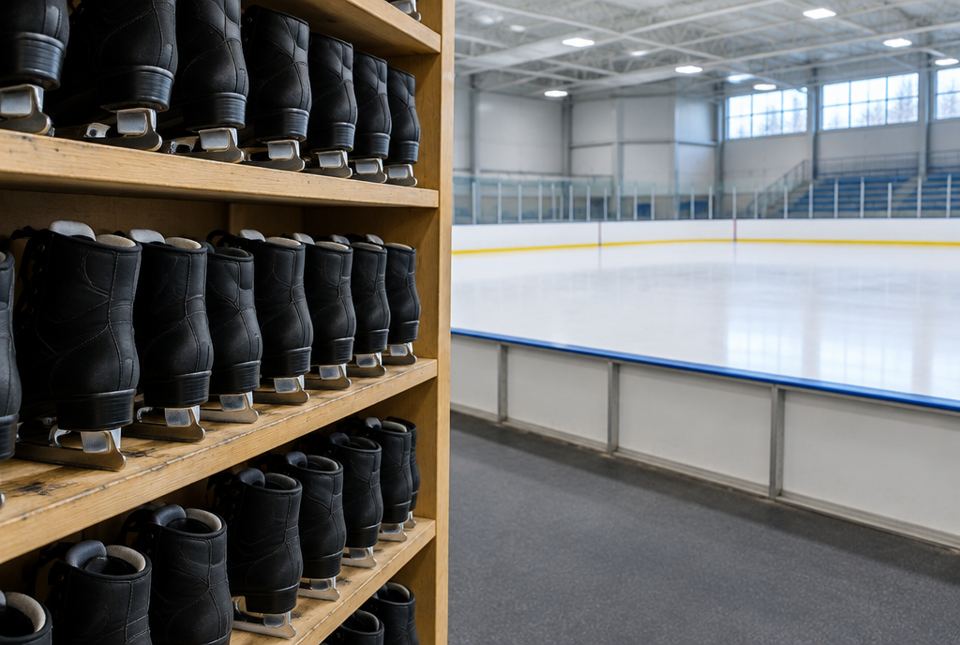 Rows of black rental ice skates on wooden shelves next to an indoor ice rink.