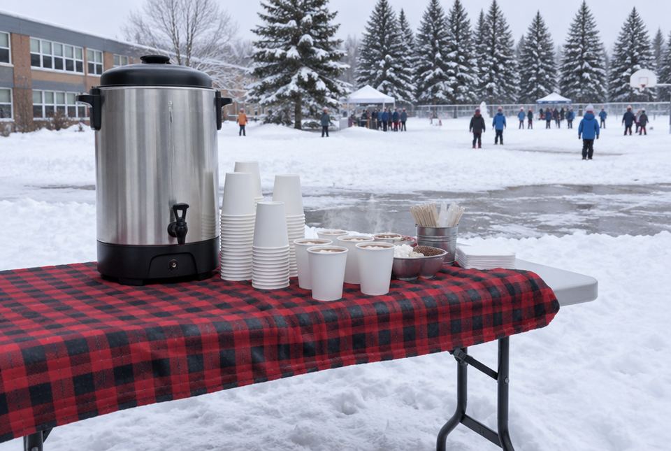 A table with a large hot-water urn, stacks of paper cups and cups of hot chocolate in a snowy schoolyard during a winter carnival.