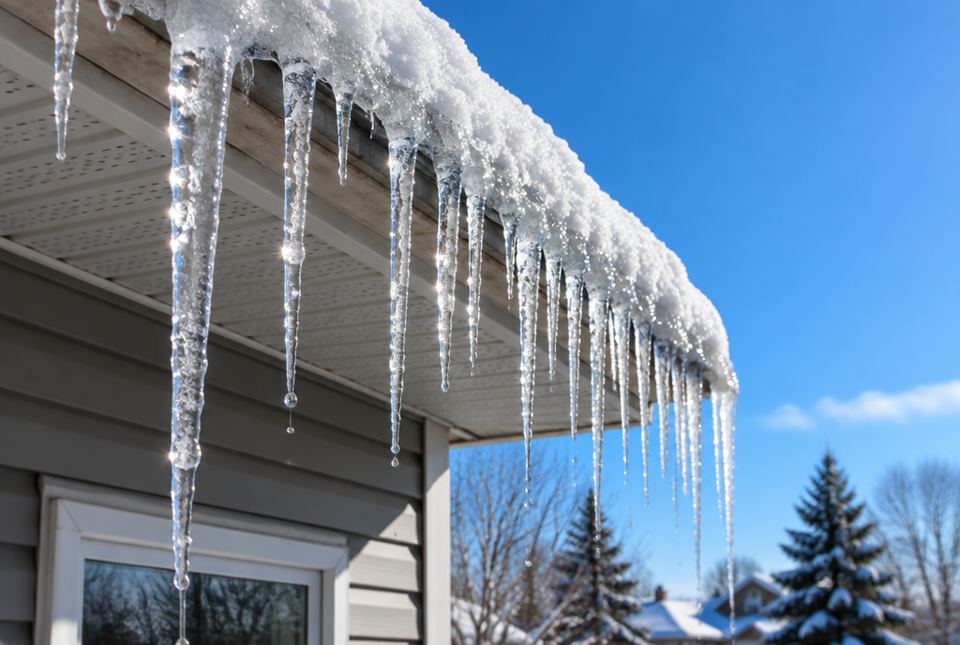 A row of icicles of many different lengths hanging from a snowy roof edge against a blue sky.