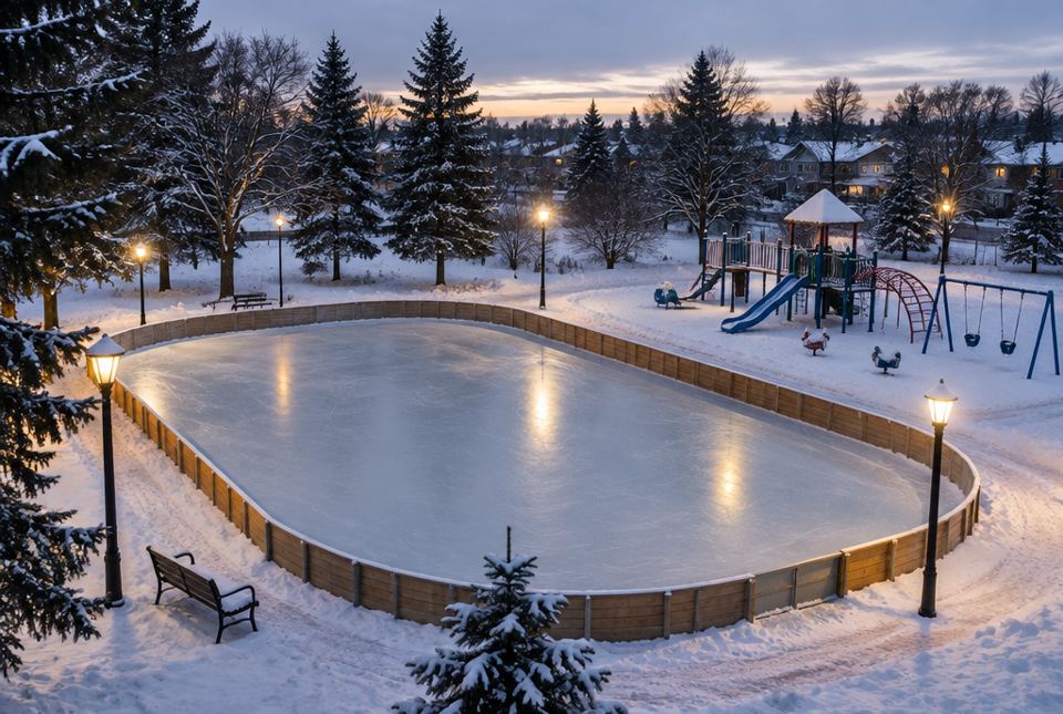 An outdoor skating rink with wooden boards in a snowy park, beside a playground, at dusk.