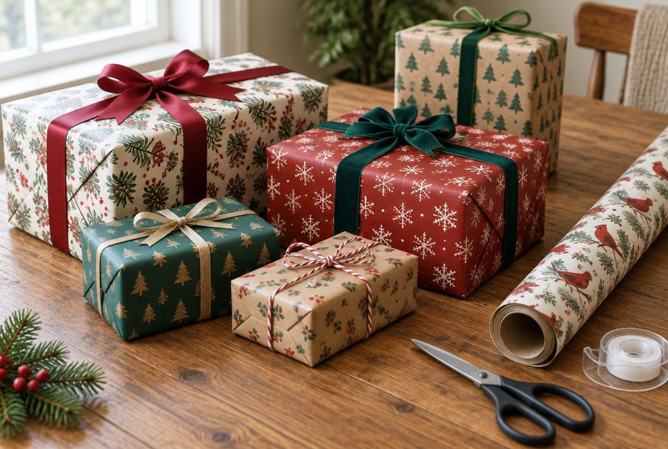 Wrapped gift boxes of different sizes on a table with a roll of wrapping paper, scissors and tape.