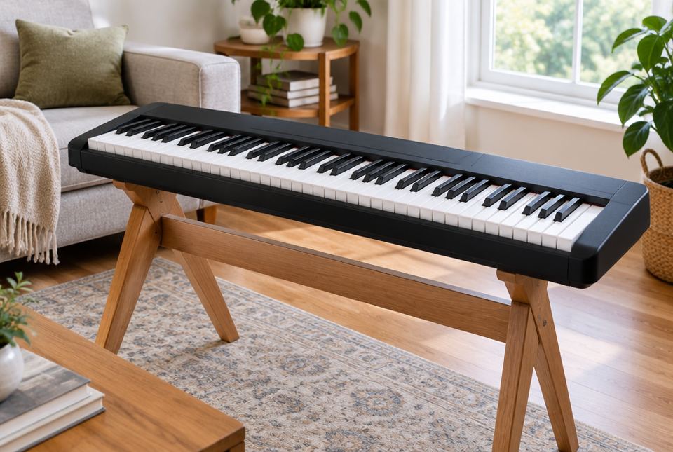 A black electronic piano keyboard on a wooden stand in a bright living room.